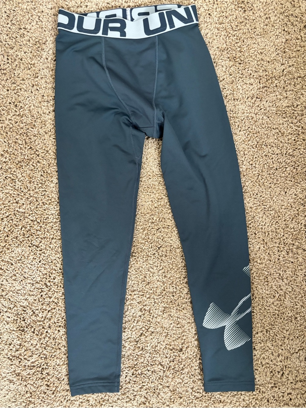 Under Armour Boys' Dark Blue Compression Leggings with White Waistband
